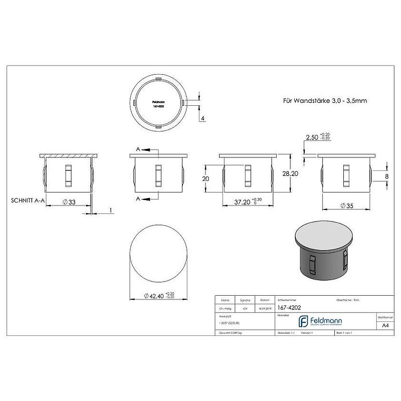 Bouchon en acier, pour tube 42,4mm