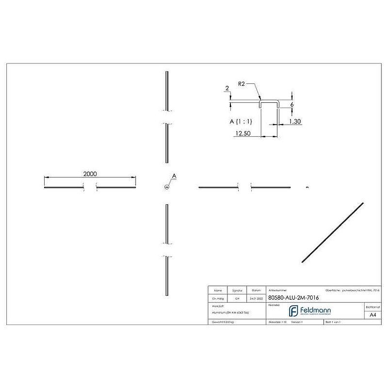 Kantenschutz EXTRA SLIM, für Glas 10,00 - 11,52mm, L: 2000mm, Aluminium RAL 7016