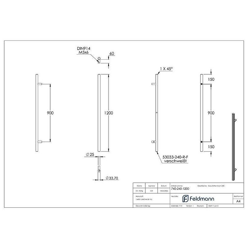 Push handle incl. holder straight with L: 1.2m, AISI304