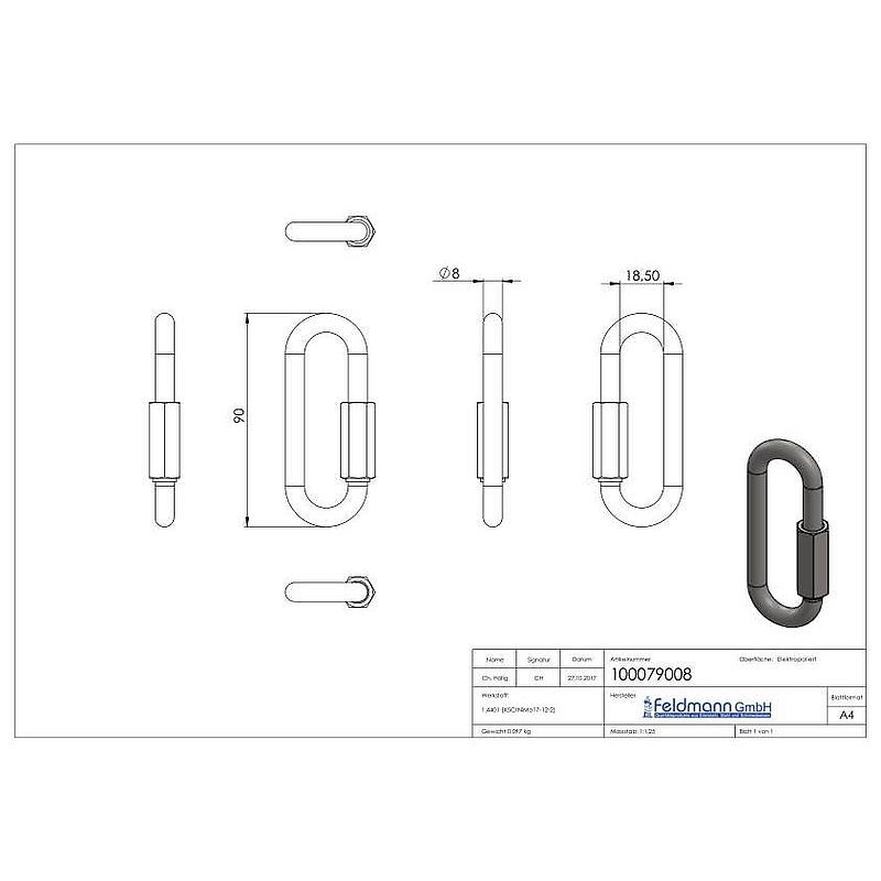 Screw connector long, 8mm, AISI316
