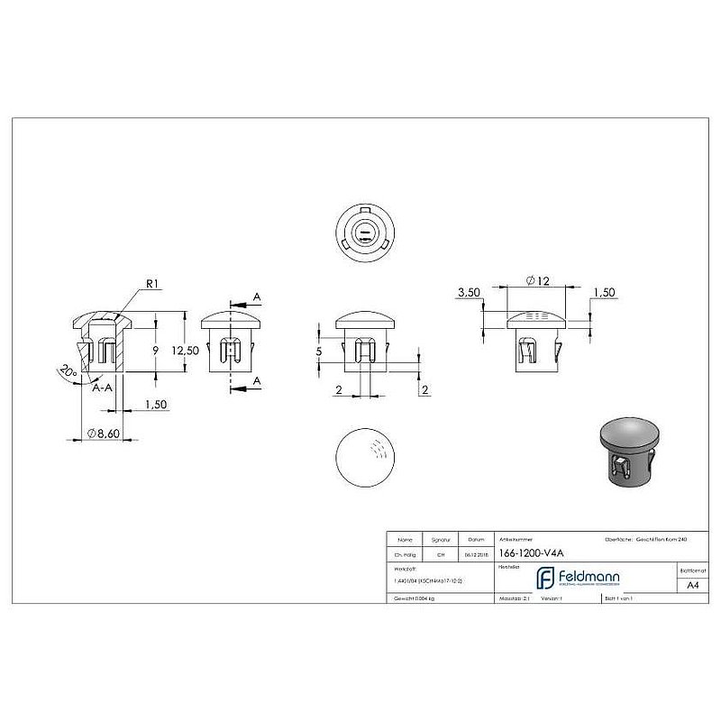 Bouchon pour extrémité de tube, pour tube 12x1,0mm, V4A