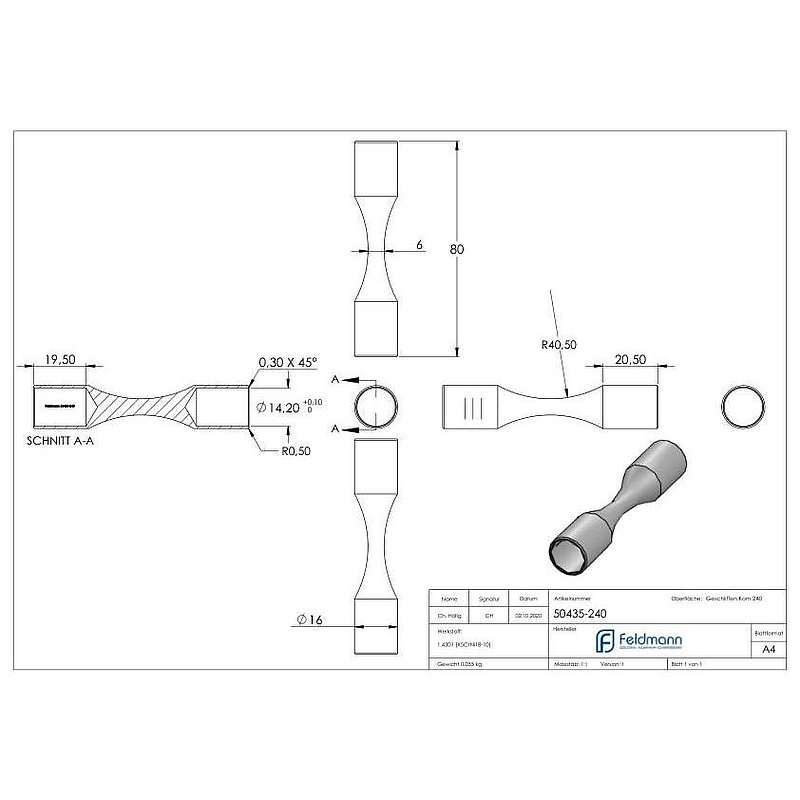 Round bar connector (for bending), for 14mm round, AISI304