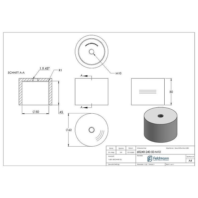 Unterteil für 62mm Glaspunkthalter, T: 50mm, mit M10, V2A