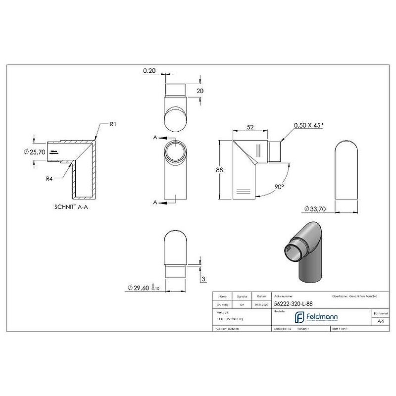 End bend 90°, for tube 33.7x2.0mm, AISI304