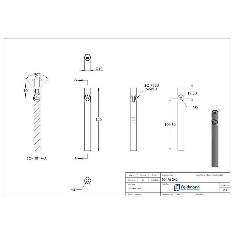 Pin Ø 12mm, L: 120mm, with internal thread, AISI304