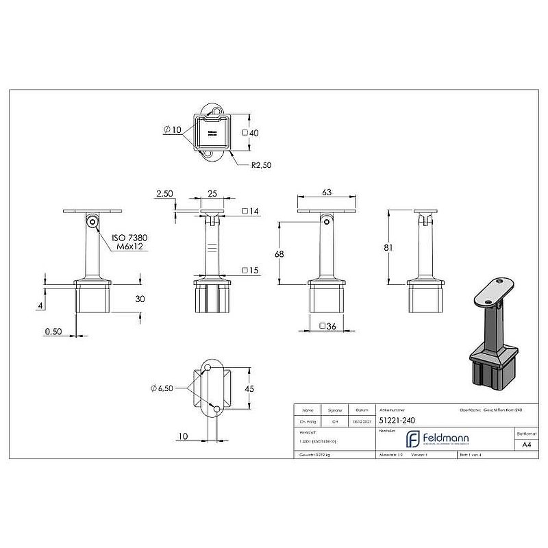 Tube end plug with hinge pin for tube 40x40x2mm, AISI304