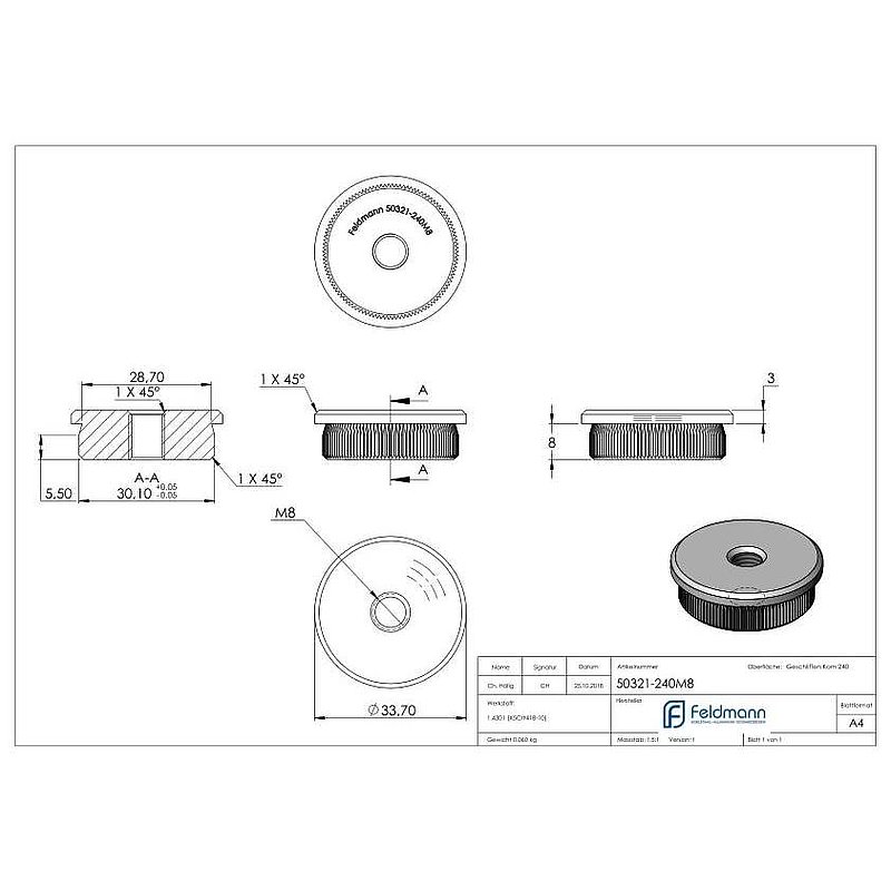 Rohrabschlussstopfen, für Rohr 33,7x2,0mm, V2A