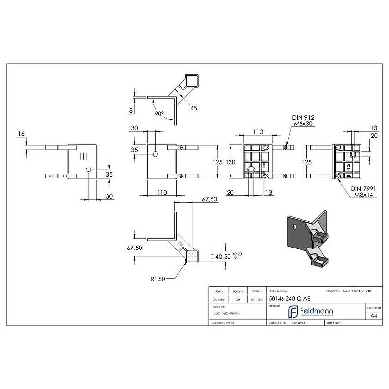 Wall mounting as external corner for posts 40x40mm, AISI304