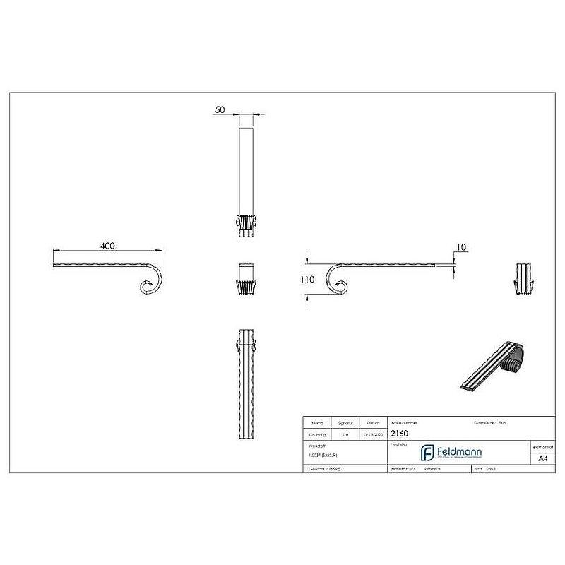 Handrail starter, 50x10mm, rolled