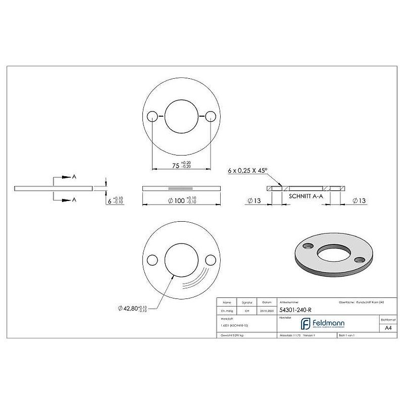 Ankerplatte Ø 100x6mm, mit Rundschliff, V2A