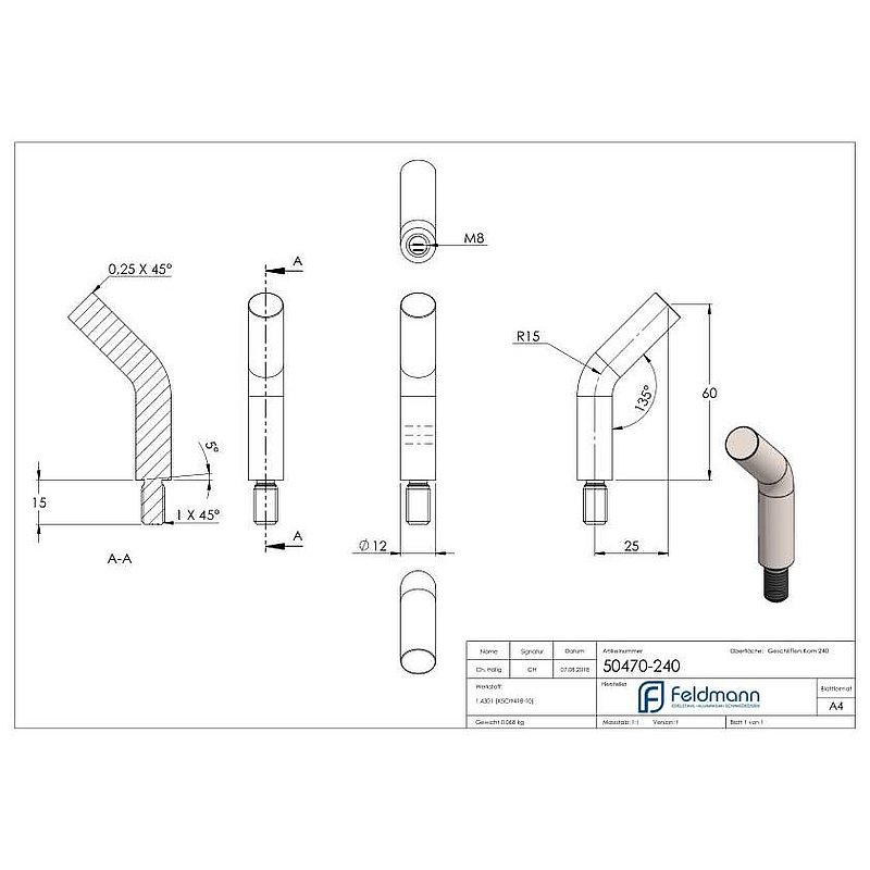 Stift Ø 12mm, L: 60mm, 135° gebogen, V2A