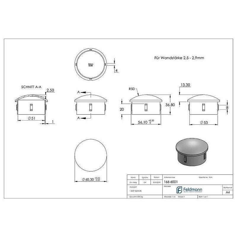 Stahleinschlagkappe, für Rohr 60,3mm
