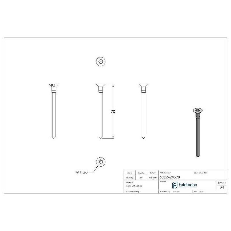 Vis à bois à tête fraisée, 6x70mm, V2A, avec empreinte Torx T30
