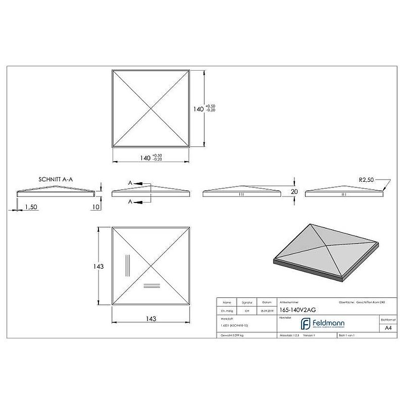 Pyramidenkappe, für Rohr 140x140mm, V2A