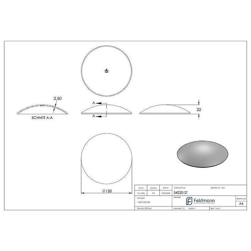 Domed bowl 120x2.5mm, H: 22mm