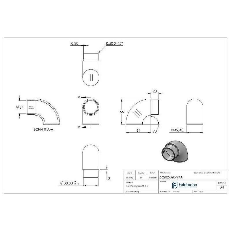 End bend 90° flat, for tube 42.4x2.0mm, AISI316