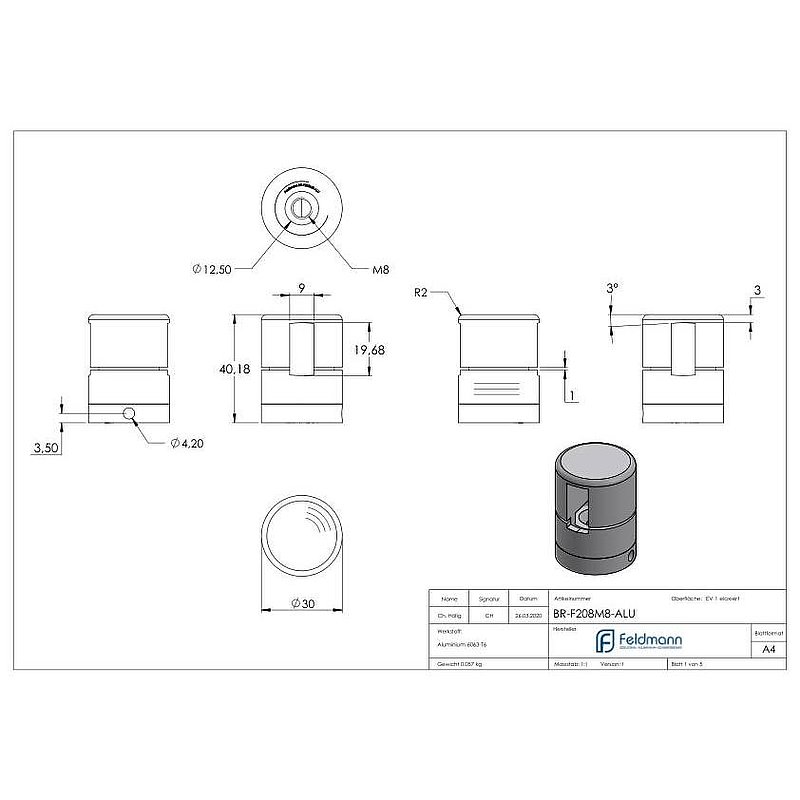 Brenk, support de base pour barreaux plats 20x8mm, ALU