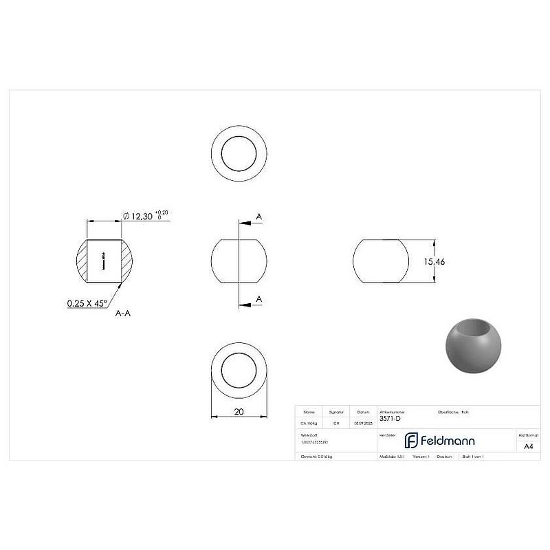 Solid ball 20mm, with through-hole 12.3mm