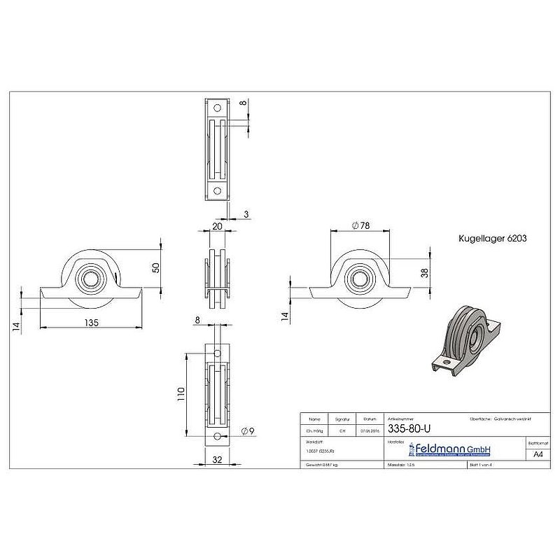 Schiebetorrolle 78mm mit U-Rille 8x8mm