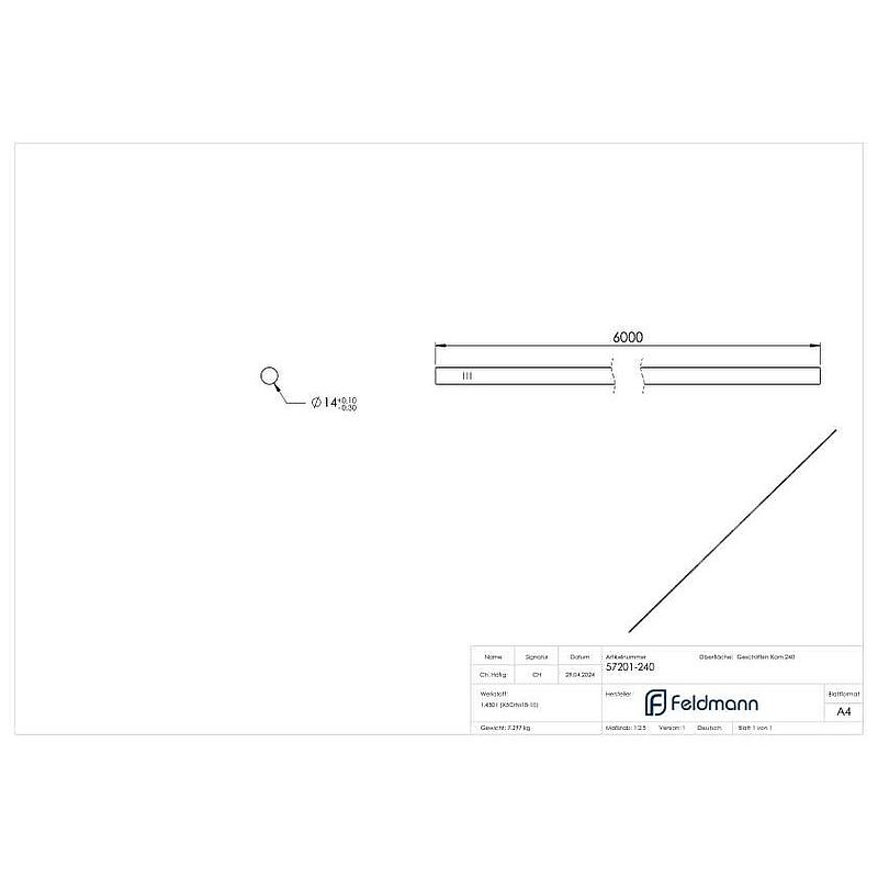 Round material, 14mm, L: 6000mm, AISI304