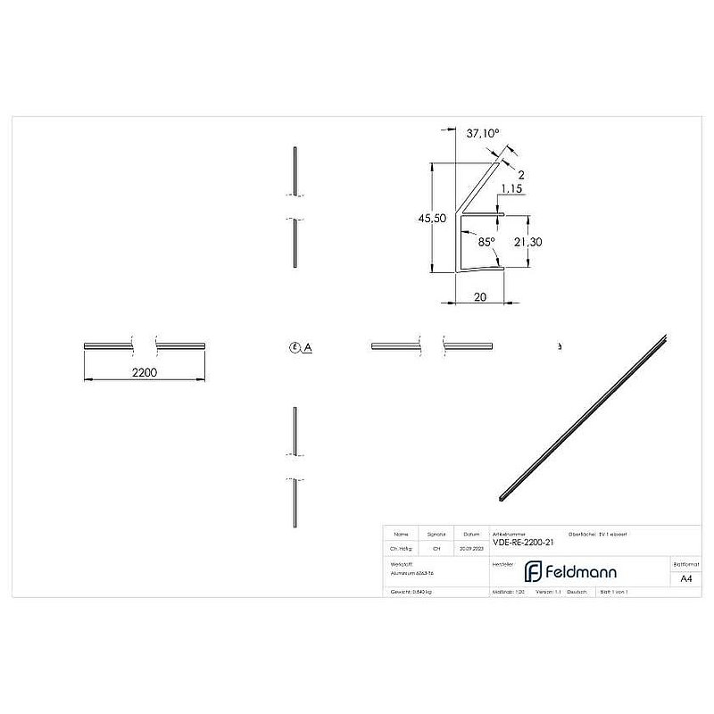 Rain gutter for canopies, glass 21,52mm, l=2200mm