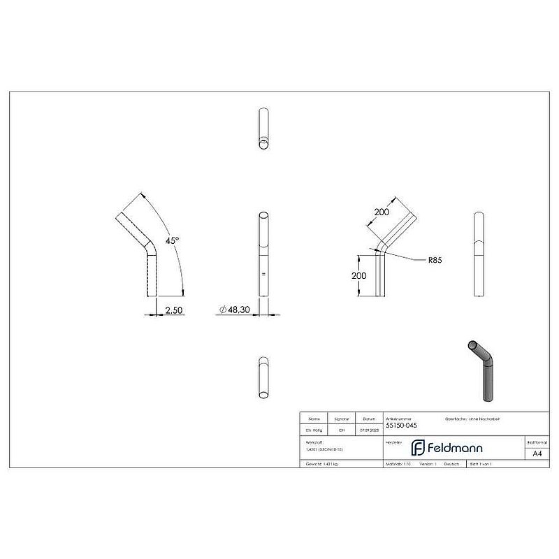 Tube bend 45°, made of 48.3x2.5mm tube, AISI304