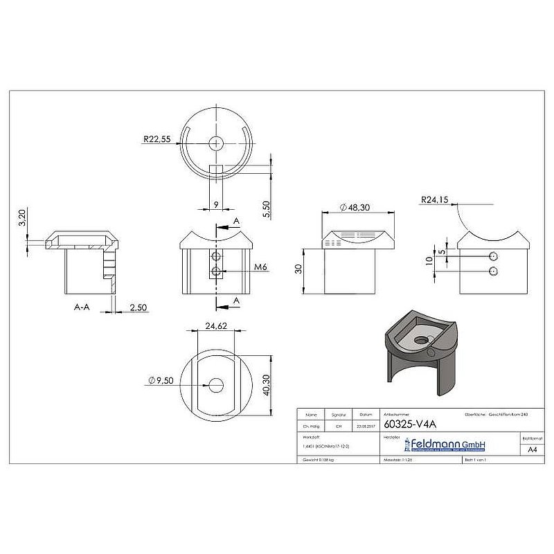 Adapter for 48.3 mm grooved tube connection, AISI316