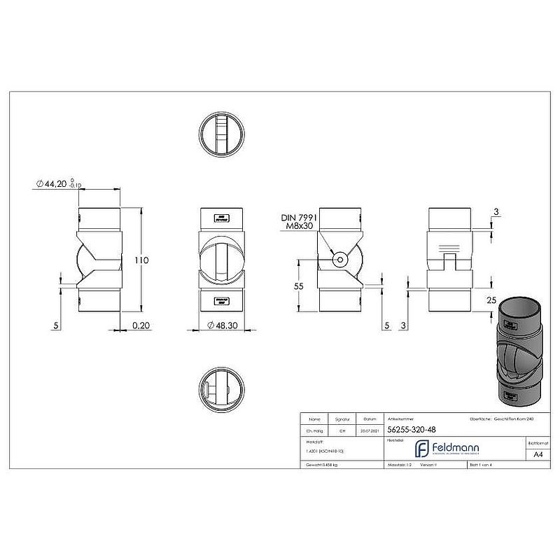 Raccord articulé creux pour câbles, pour tube Ø 48,3x2,0mm, V2A