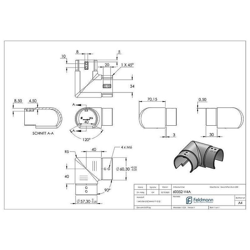 Tube connector 90° for grooved tube 60.3x1.5mm, AISI316