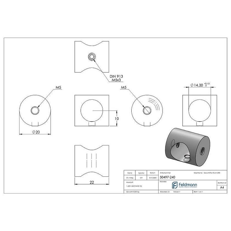 Support de lisse transversale (à monter entre deux fers plats) avec perçage Ø 14,2mm, V2A