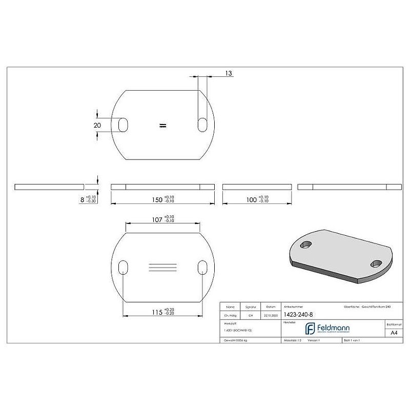 Ankerplatte, 150x100x8mm, mit Längsschliff, V2A