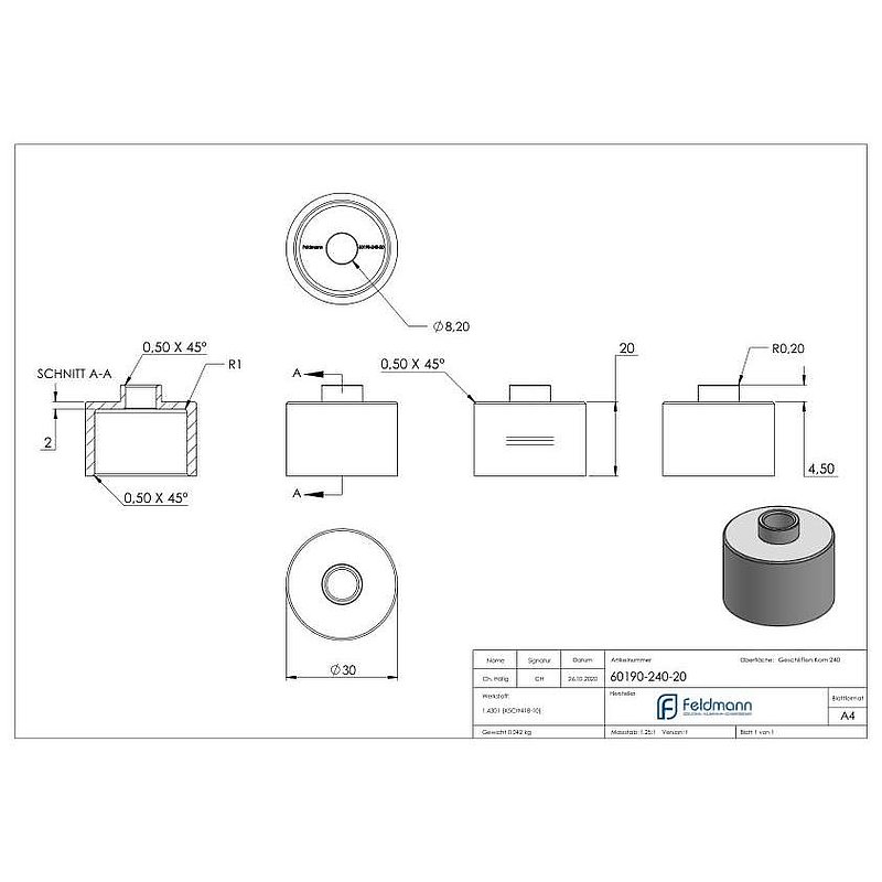 Lower part Ø 30mm, with through-hole, D:20 mm, AISI304
