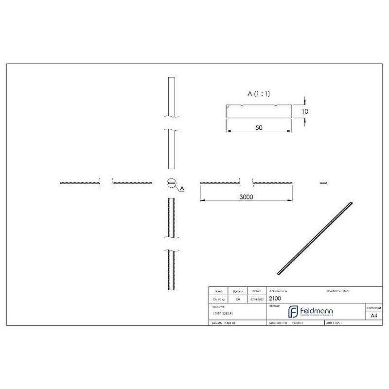 Flacheisen 50x10mm, 2x gerillt, L: 3000mm