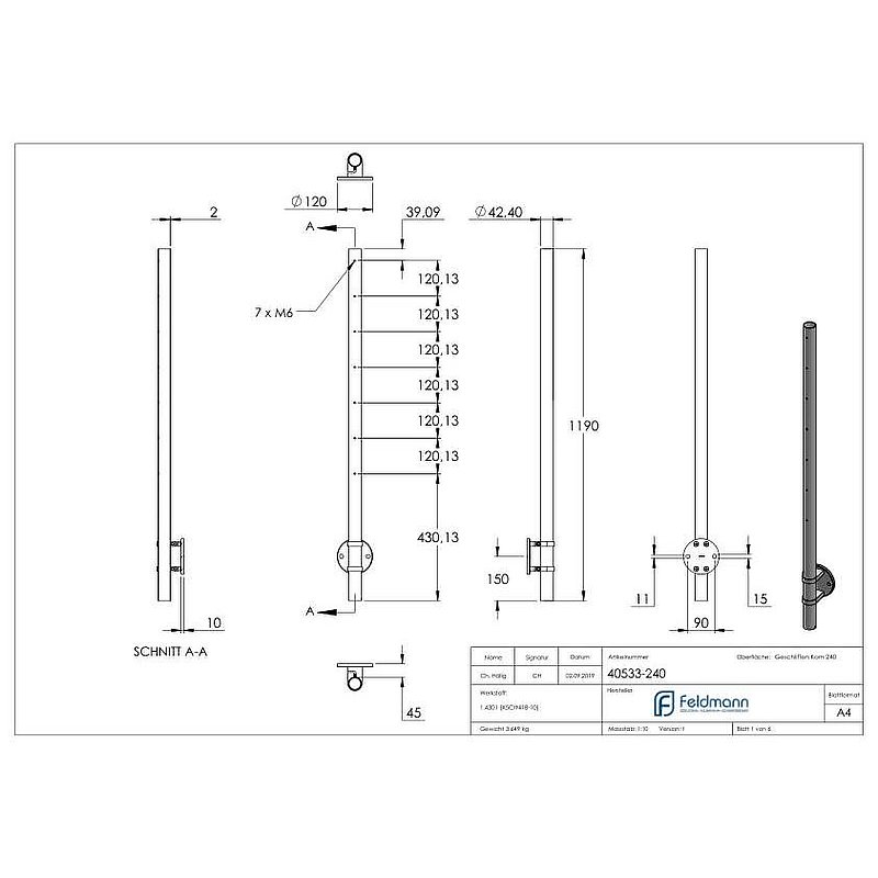 Stainless steel post AISI304 for wall mounting, H: 1190mm