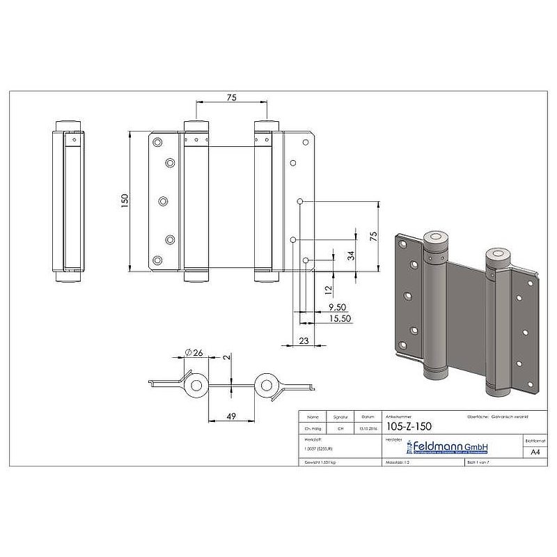 Swing door hinge for screwing on, one pair, galvanised