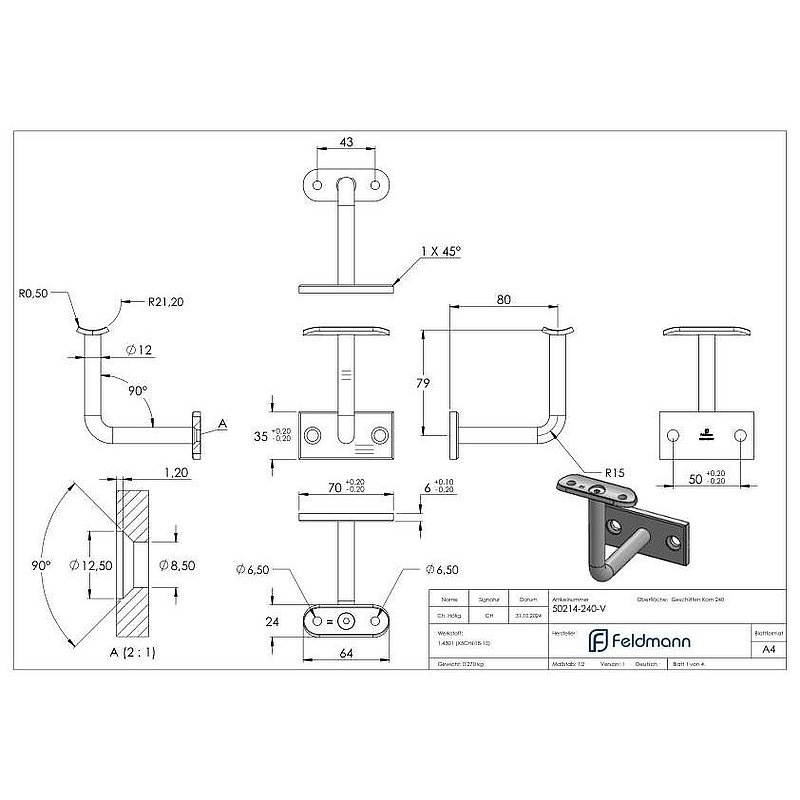 Handrail bracket with handrail connection plate 42.4 mm (round plate and bracket welded),
