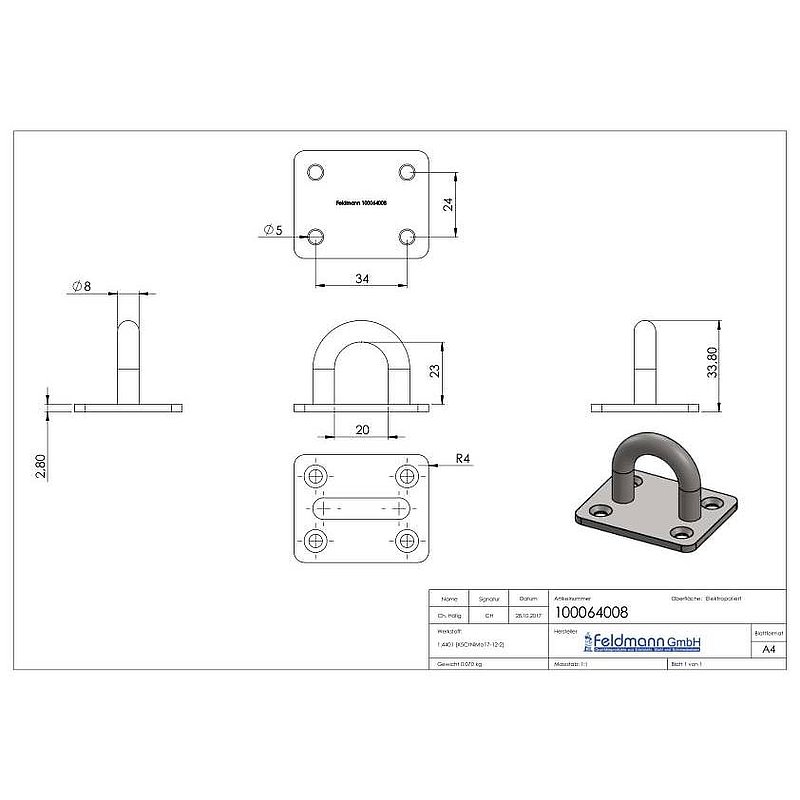 Fixing eyelet, round bar: 8mm, AISI316