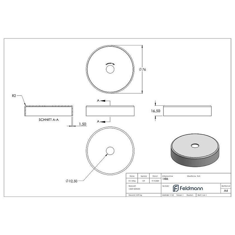 cover rosette 76x16,5mm,  borehole 12,5mm, steel raw