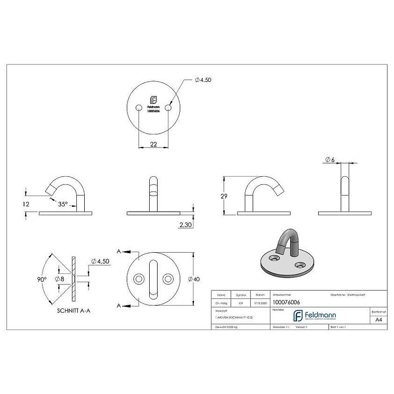 Befestigungsöse/Haken mit runder Platte V4A