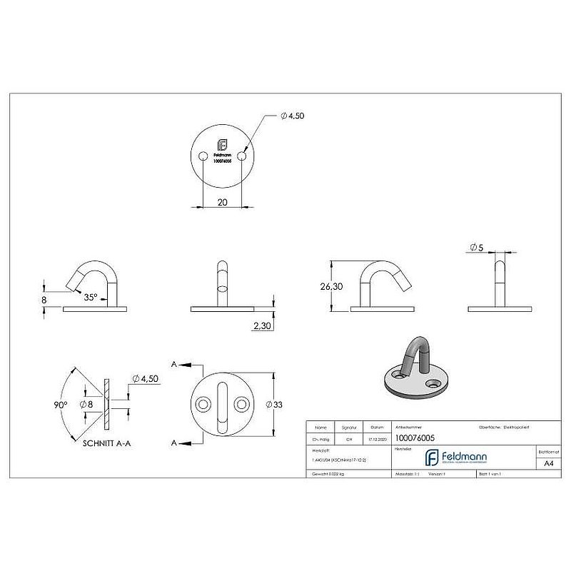 Befestigungsöse/Haken mit runder Platte V4A