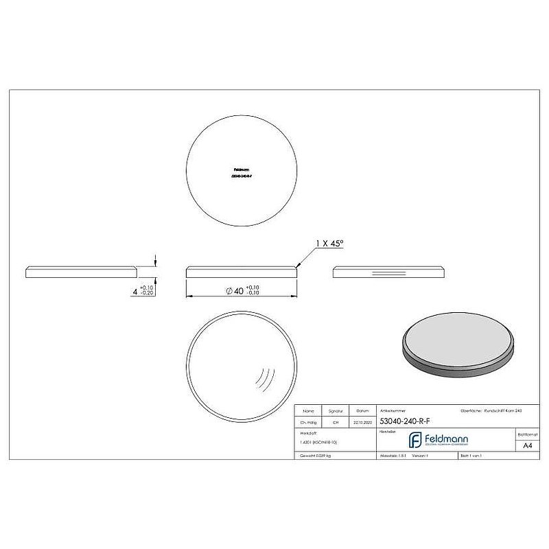 Ronde Ø 40x4mm, mit Rundschliff und Fase, V2A