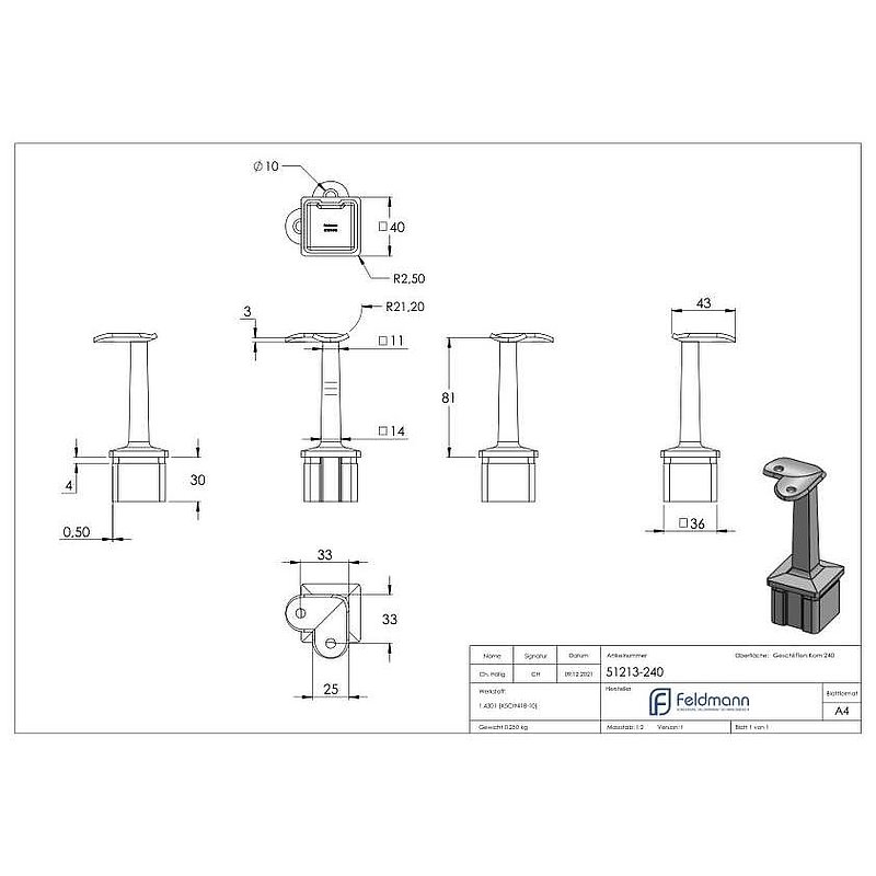 Handlaufhalter für Rohr 40x40mm, V2A