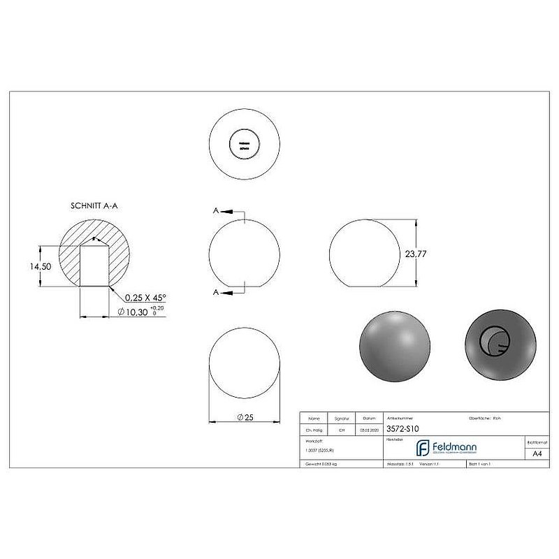 Massivkugel 25mm glatt mit Sackloch 10,3mm