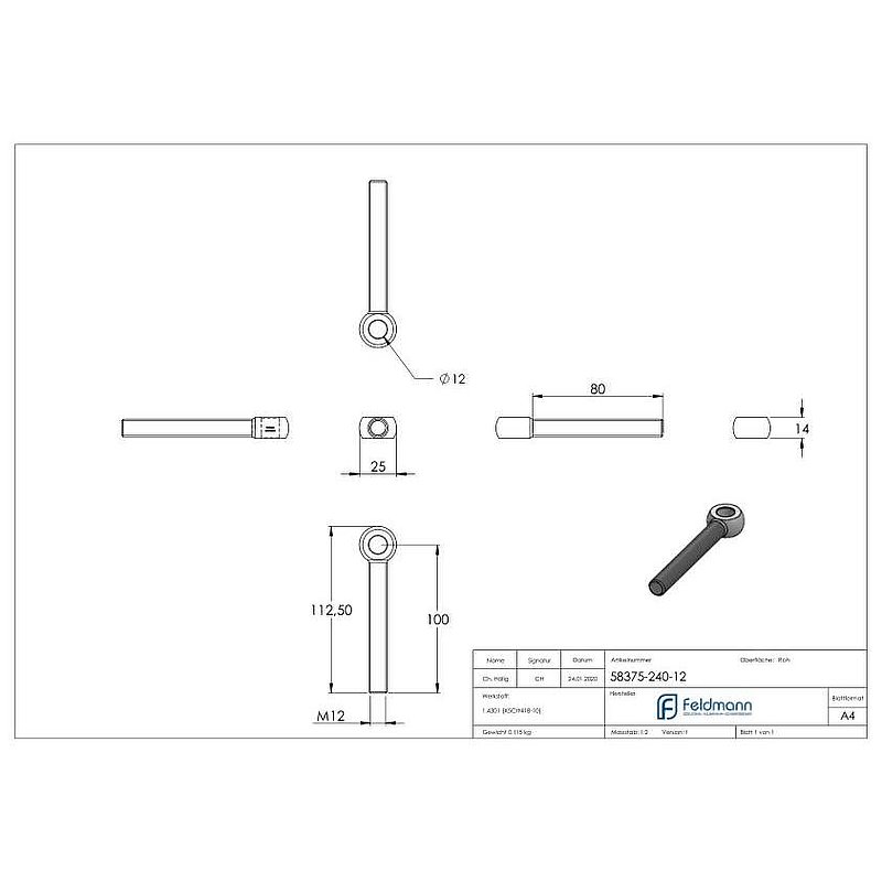 Eye bolt M12x100, AISI304, DIN 444