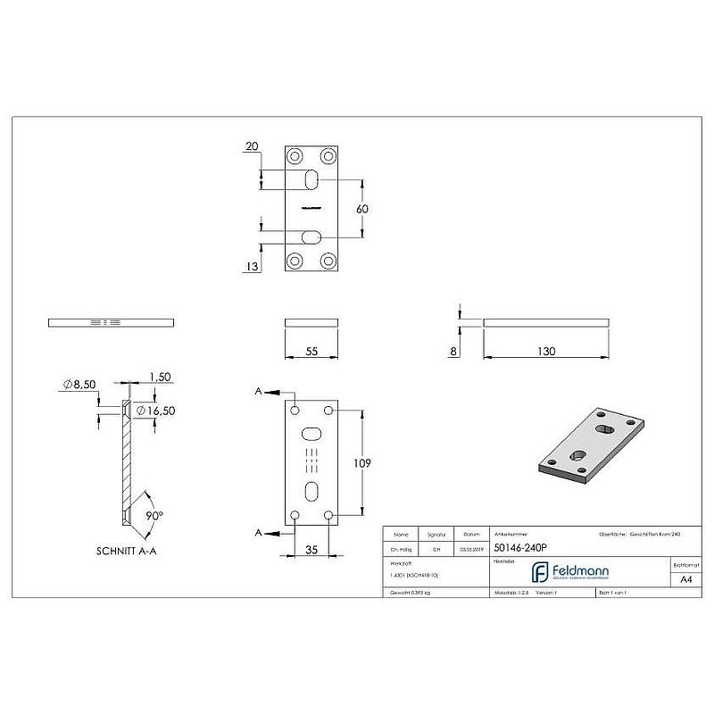 Anchor plate 130x55x8mm, suitable for clamping rings, AISI304