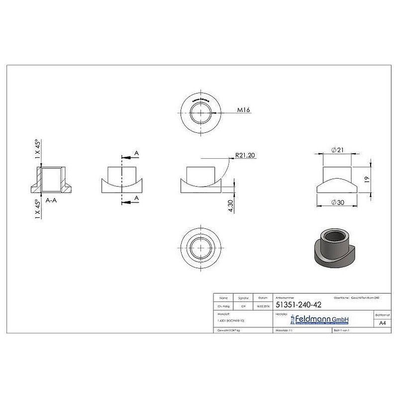Threaded sleeve, suitable for hinge 120-M16-VA, for tube 42.4 mm, AISI304