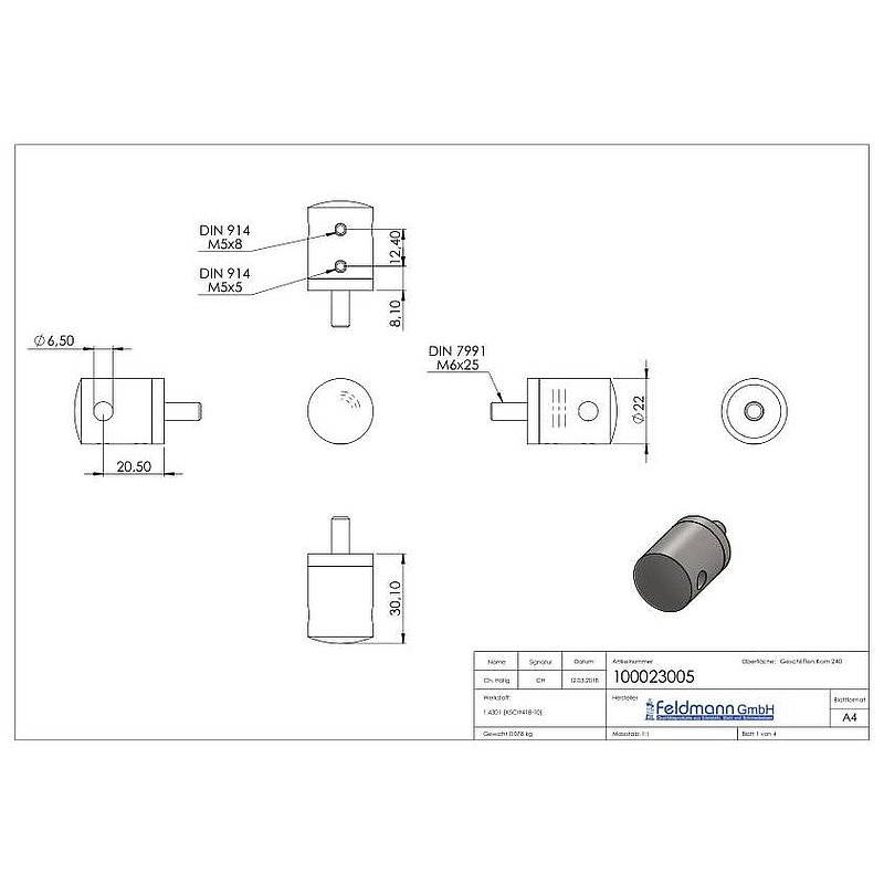 Cable holder, for 5mm cable, connection: straight, AISI304