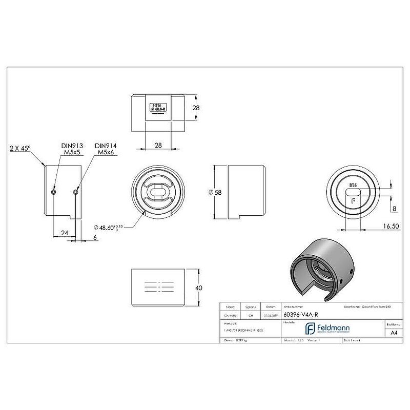 Wandbefestigung für Nutrohr 48,3mm, rechts, V4A