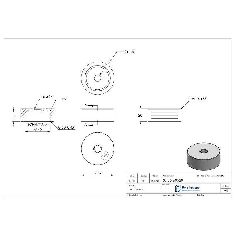 Unterteil Ø 52 mm, mit Durchgangsbohrung , t: 20mm, V2A
