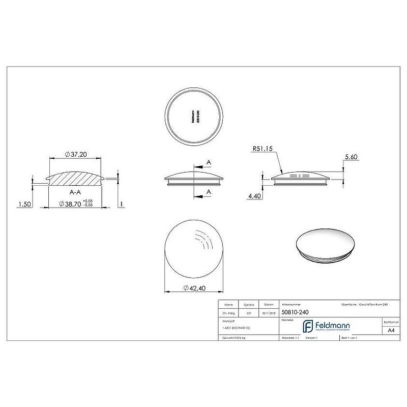 Bouchon pour extrémité de tube, pour tube 42,4x2,0mm, V2A